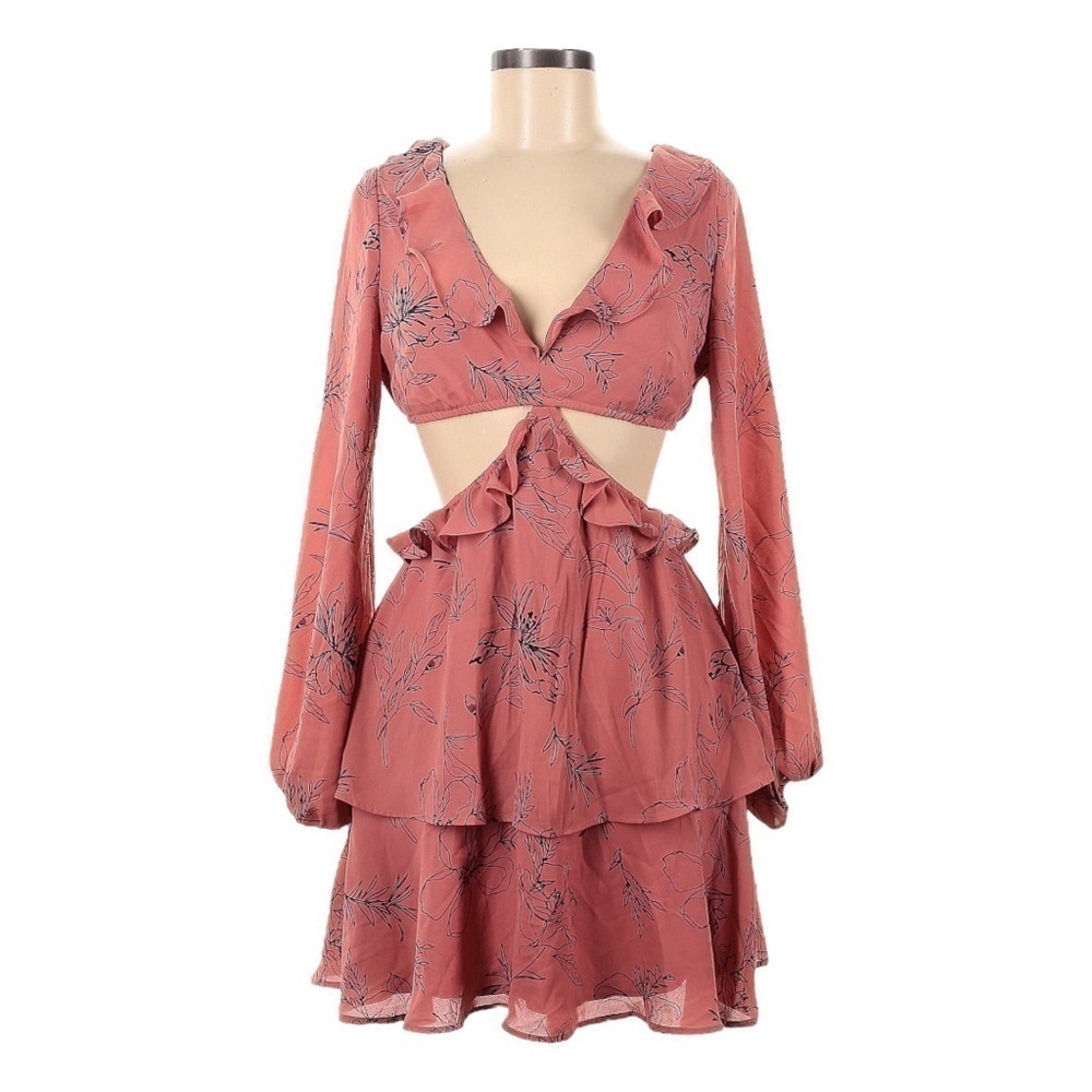 Open Edit Pink Floral Cutout Mini Dress NWT M Long Sleeve Ruffle Tiered Boho